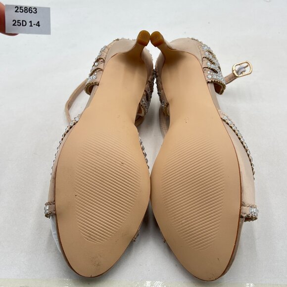 XYD Champagne Peep Toe D'Orsay Kitten Heel Rhinestone Studs Ankle Strap Sandal - Picture 7 of 8